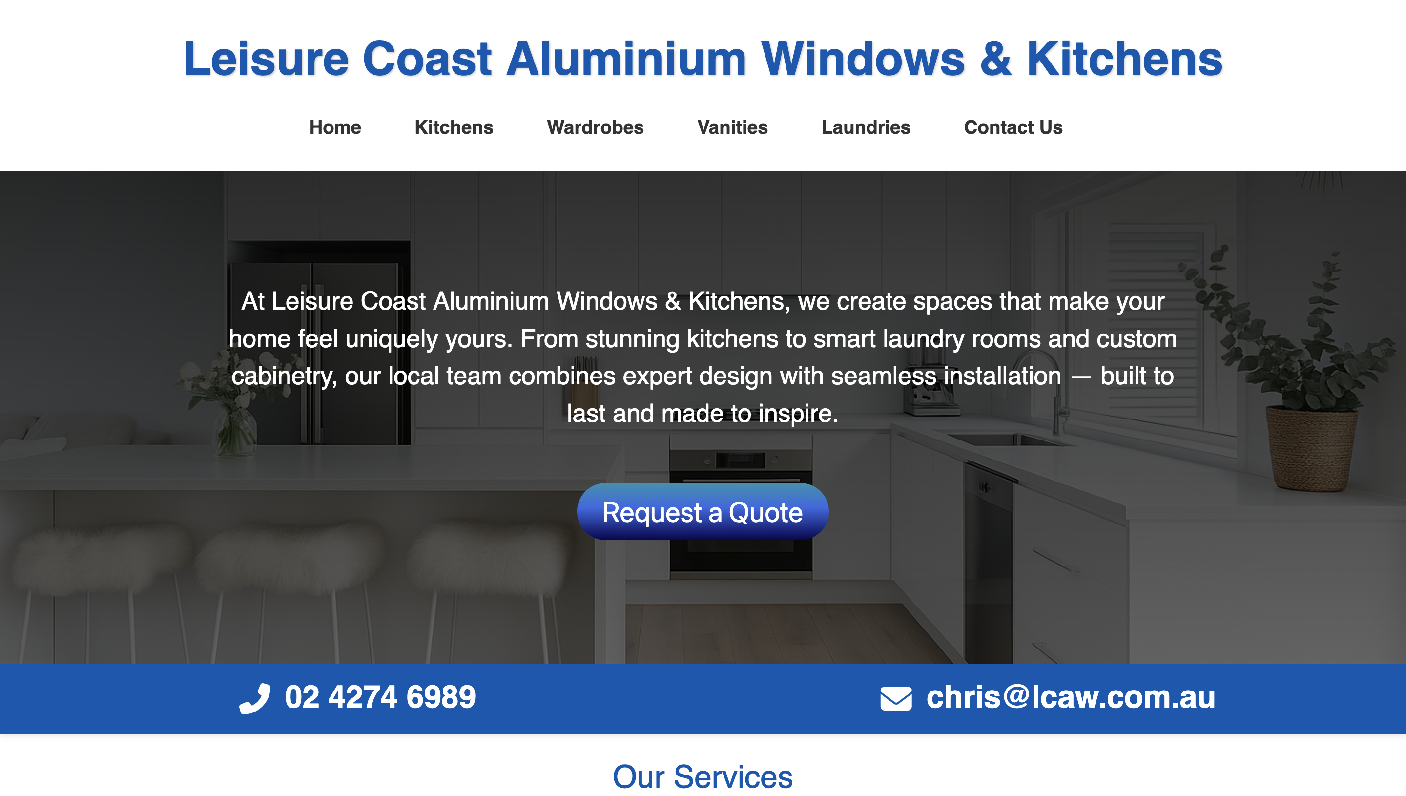 Screenshot of Leisure Coast Aluminium Windows & Kitchens home page.